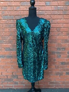 Lulu’s Green Sequin V-Neck Long Sleeve Party Dress XL